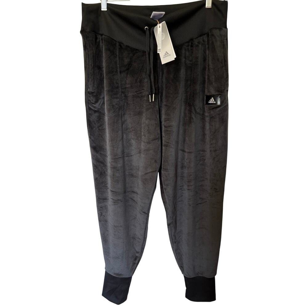 NWT Adidas Women's Velour High-Waist Jogger Pants Black XL